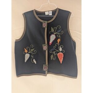 Onque Casual Vest XL Black Fleece Embroidered Carrot Floral Button Up Sleeveless